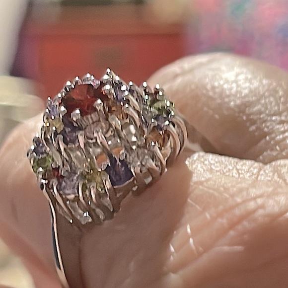 Multigem ring sterling silver: Garnet/amethyst/topaz/citrine sparkly pavé sz 10? - Picture 4 of 6